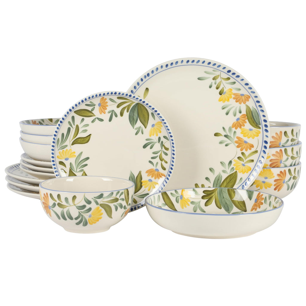 Hand Painted Stoneware Floral Dinnerware Set, Service for Four (16pcs) L340