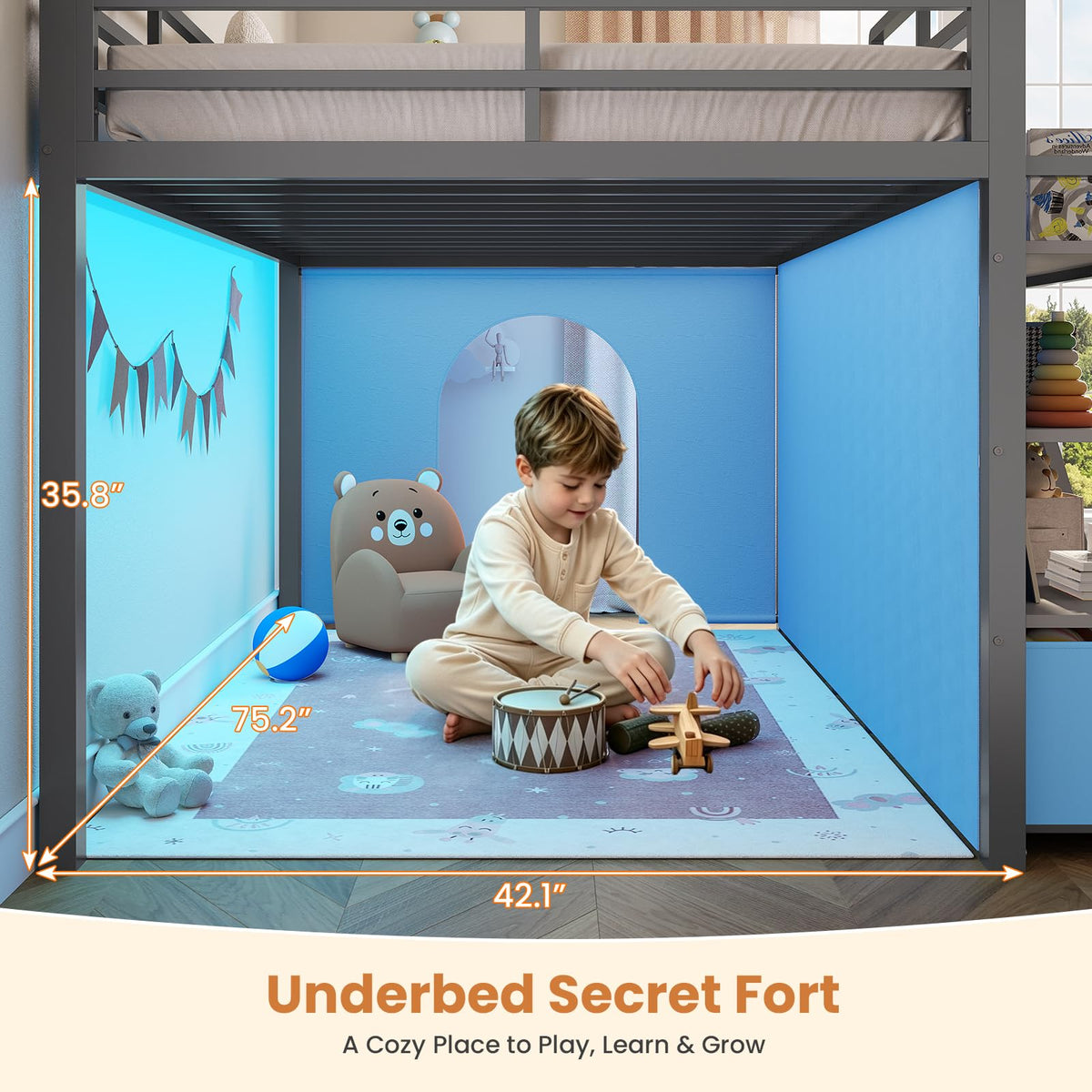 Twin Size Grey Low Loft Bed with 5 Drawers V31121