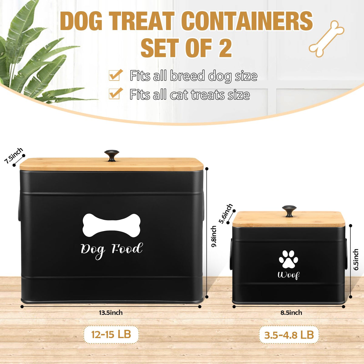 2Pcs Extra Large Metal Dog Food Containers Airtight Black I933482
