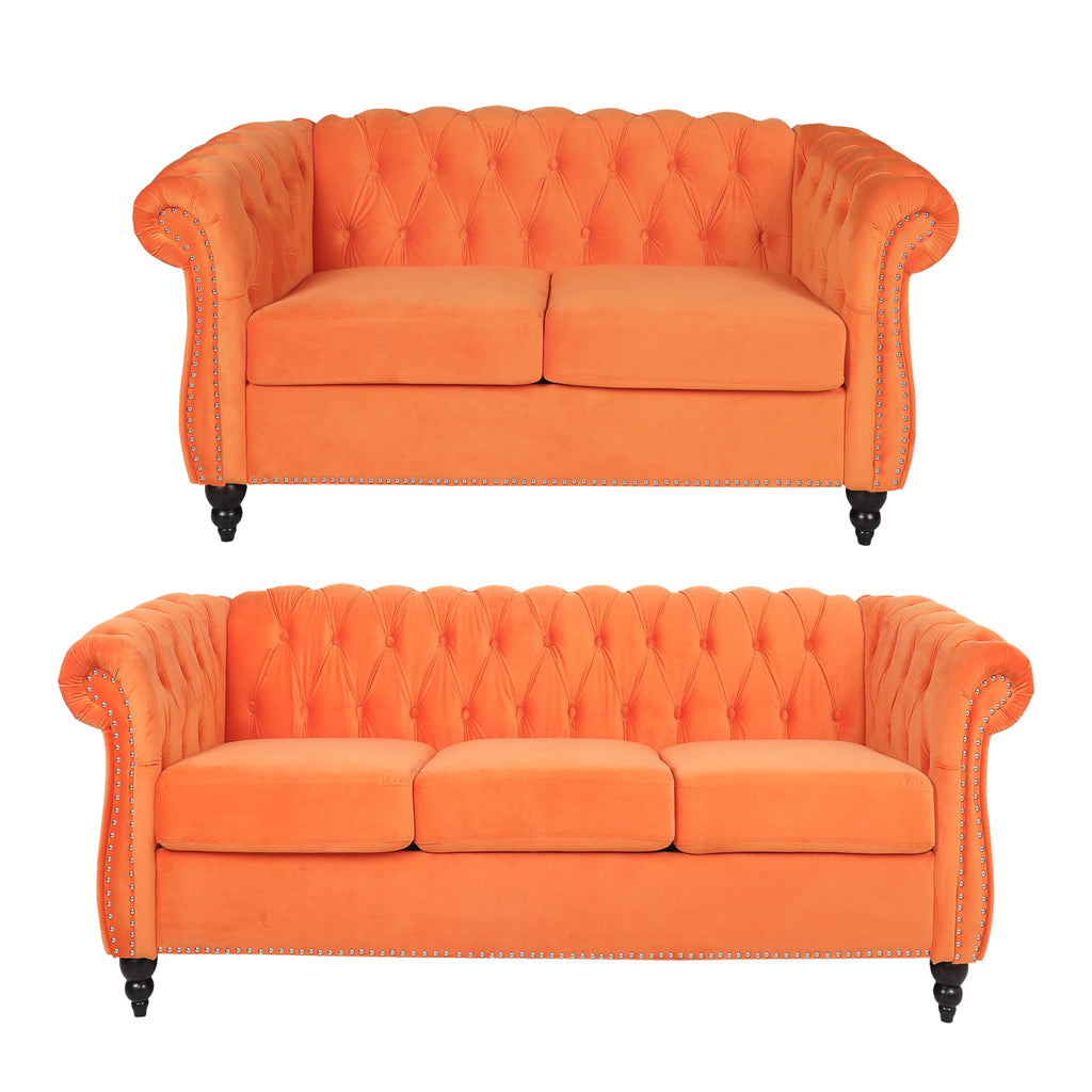Orange Velvet Tufted Sofa Set G15766