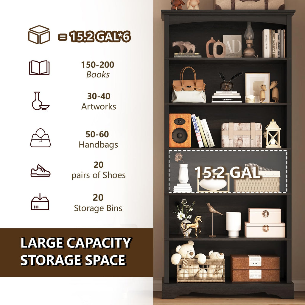 6-Tier 76 Inch Tall Black Wooden Bookshelf W819522