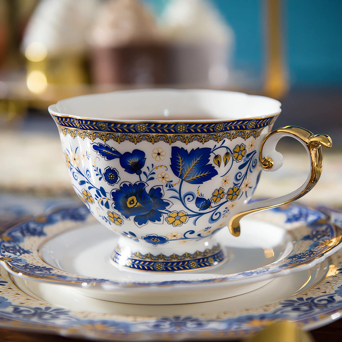 Tea Coffee Cup and Saucer Set, Bone China Dinnerware Set for 4, Blue and White W55263