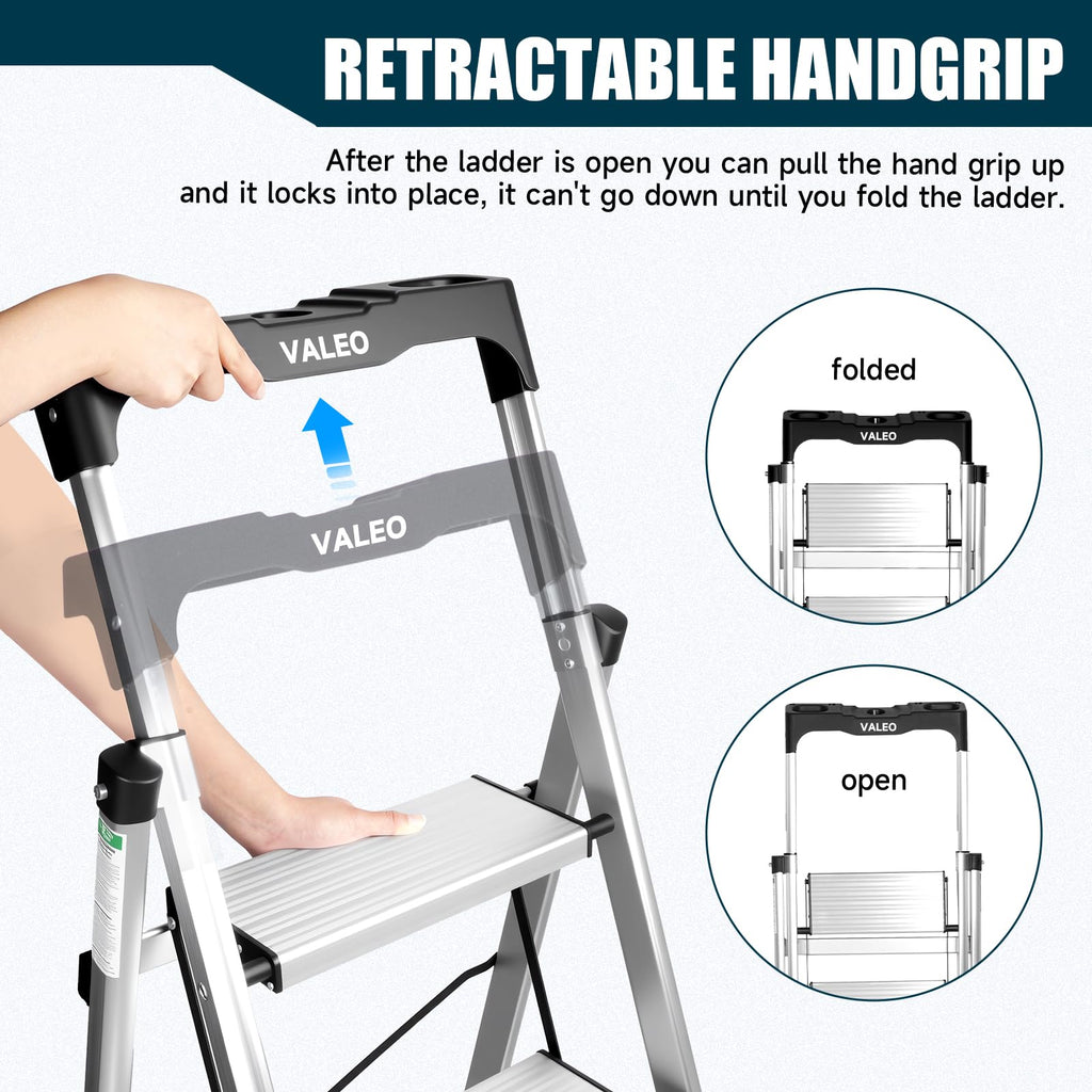 Aluminium 4 Step Ladder with Retractable Handgrip, 330 lbs Capacity, Silver S31837