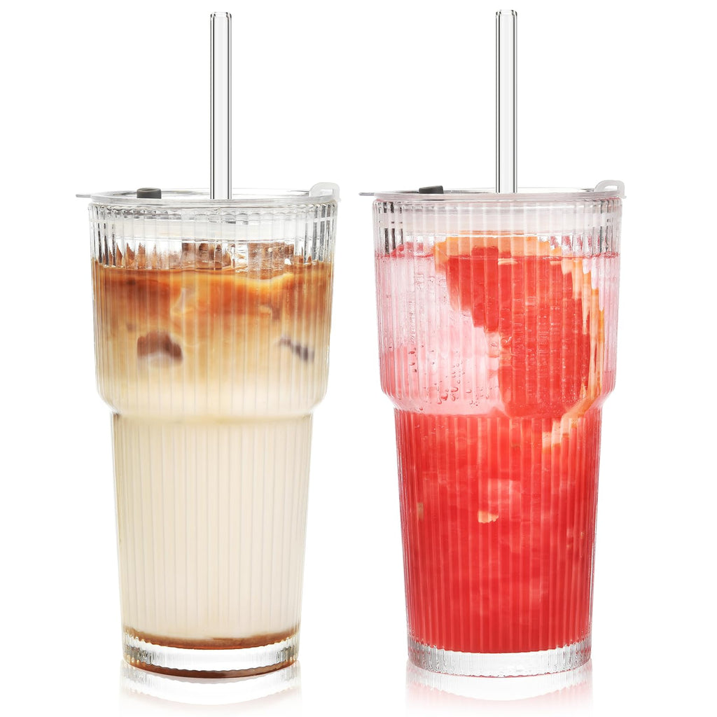 20 oz Ribbed Glass Tumbler with Lids and Straws, Pack of 2 X288