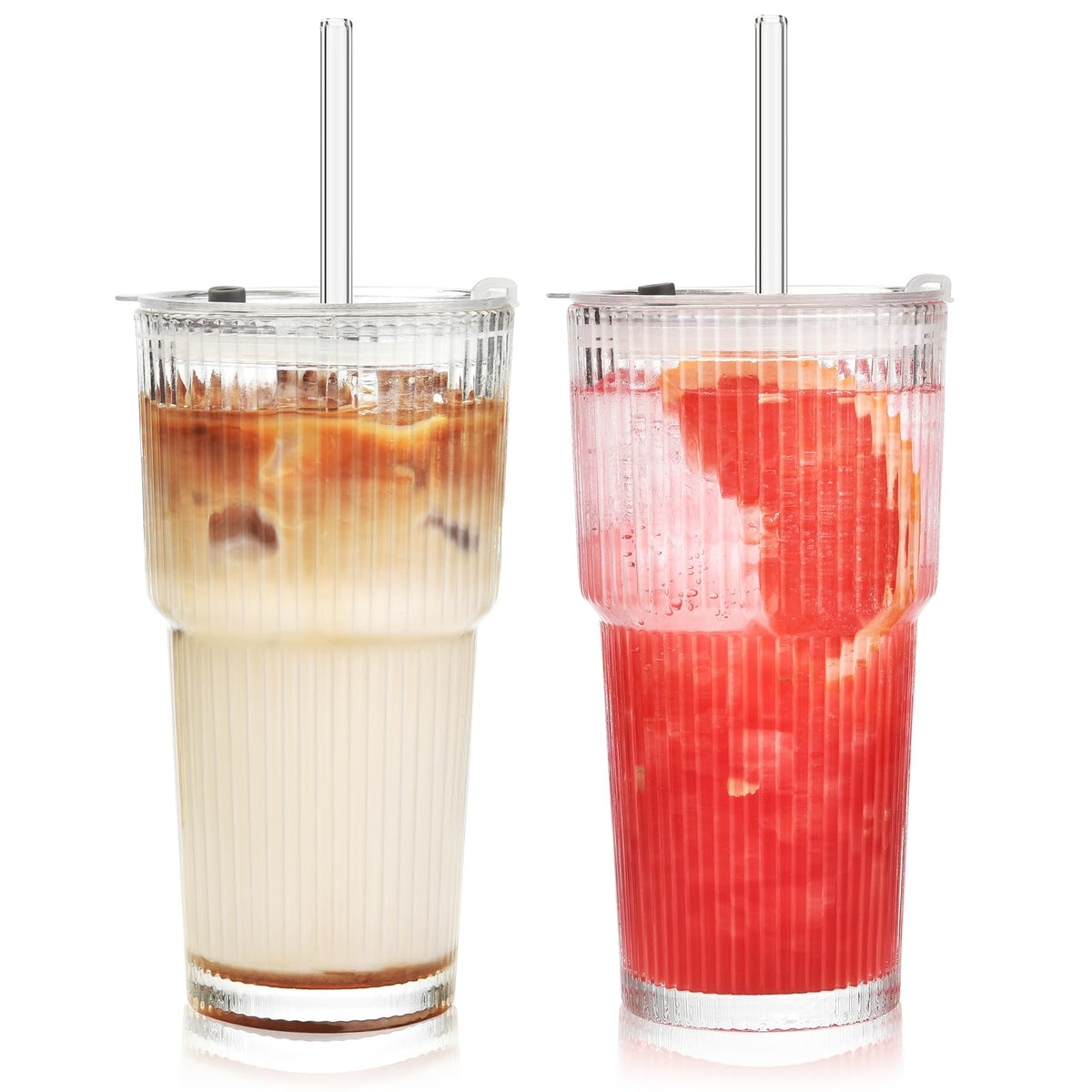 20 oz Ribbed Glass Tumbler with Lids and Straws, Pack of 2 X288