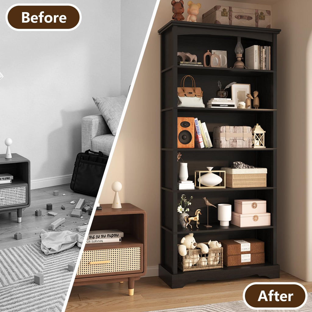 6-Tier 76 Inch Tall Black Wooden Bookshelf W819522