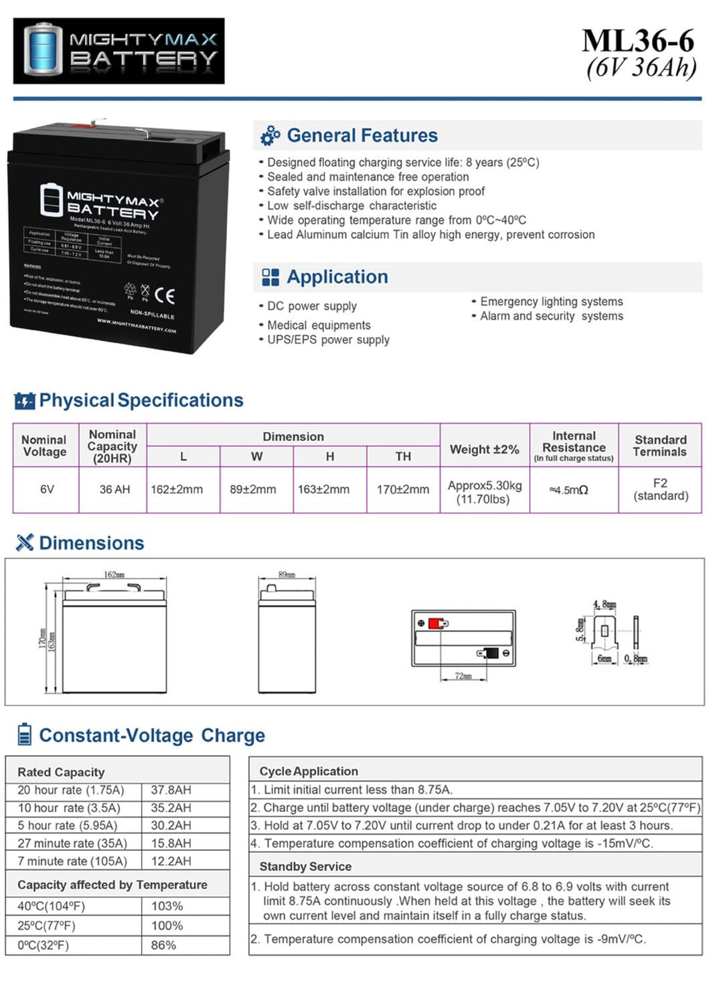 6V 36Ah AGM F2 Terminal Battery 4 Pack M120804