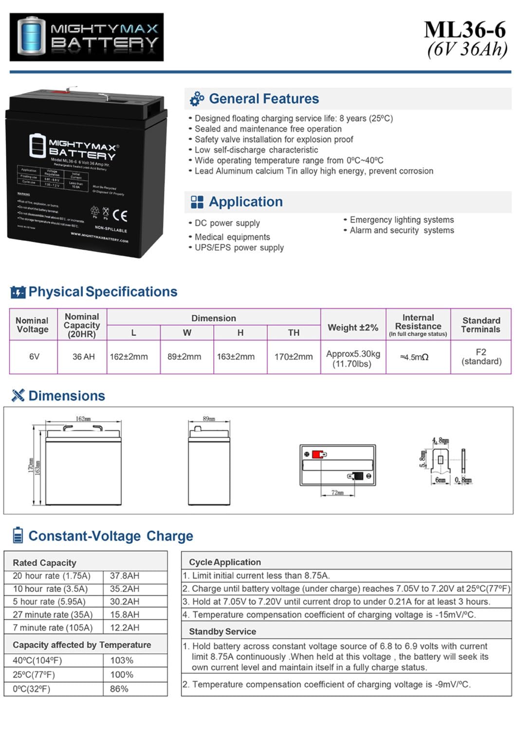 6V 36Ah AGM F2 Terminal Battery 4 Pack M120804