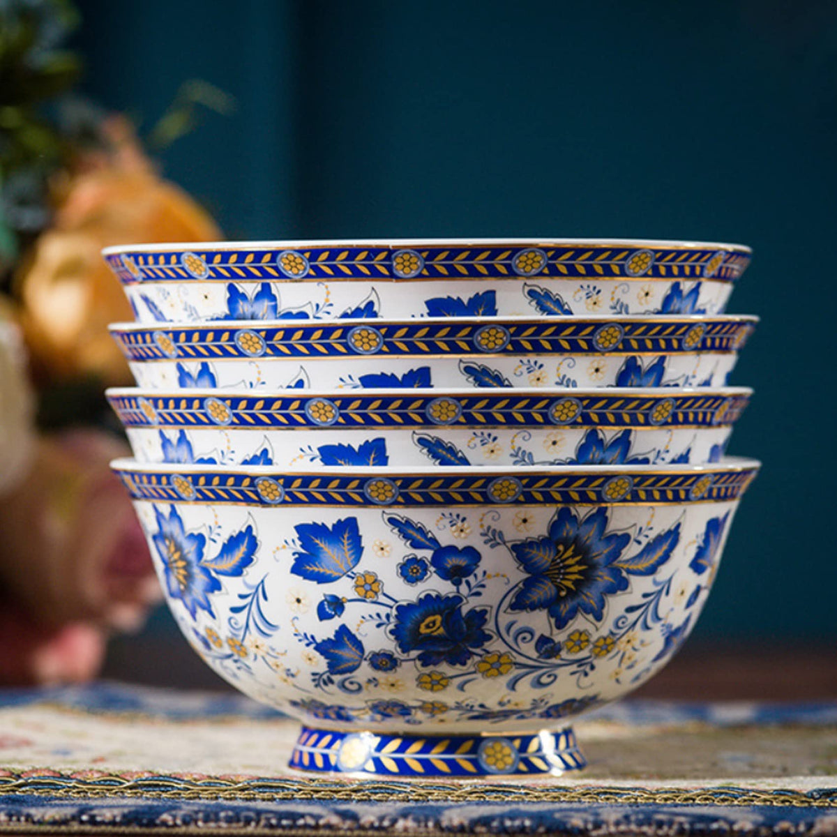 Tea Coffee Cup and Saucer Set, Bone China Dinnerware Set for 4, Blue and White W55263