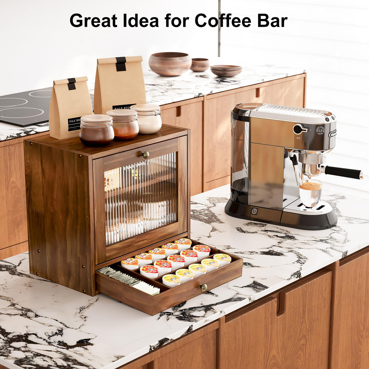 Wooden Bread Box with Drawer & Window U981507