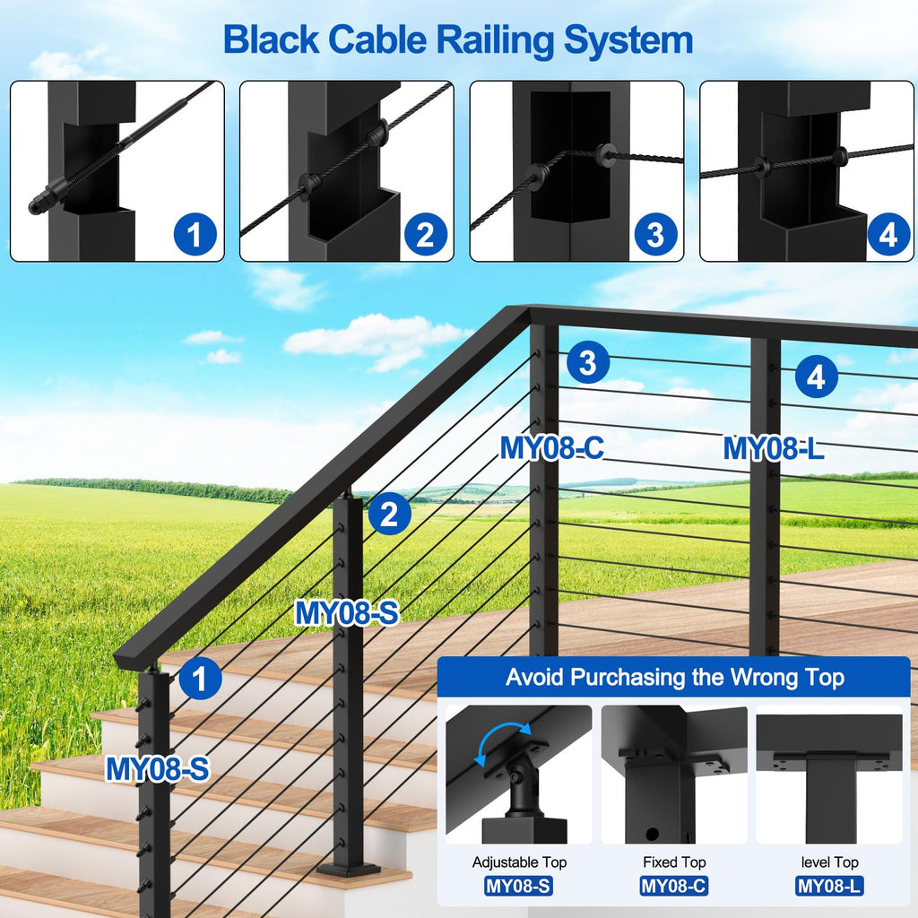36" Cable Railing Kit with 3 Stainless Steel Black Posts M65755