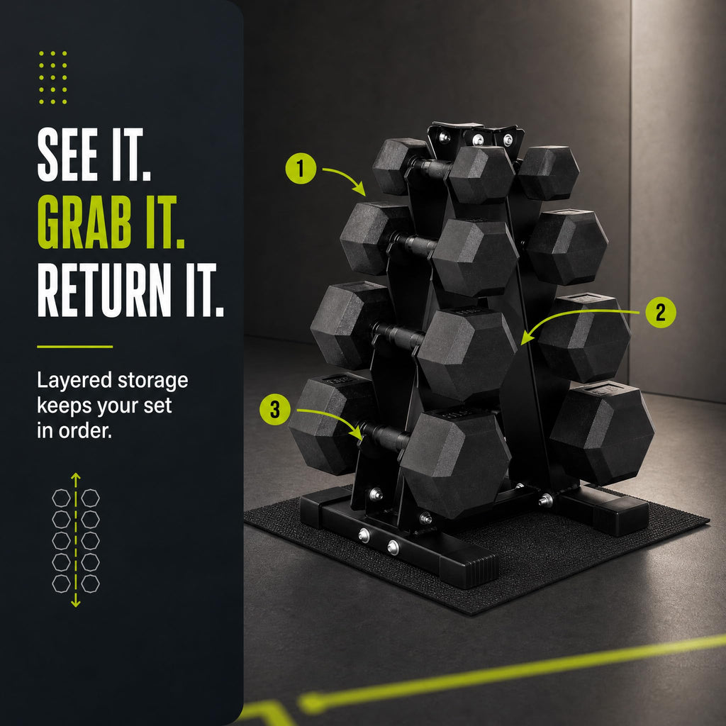 Rubber Coated Hex Dumbbell Weight Set with Rack G66159