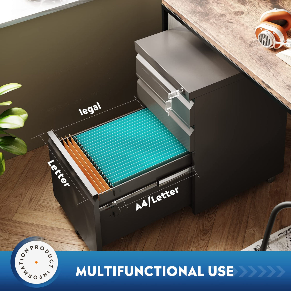 3 Drawer Mobile File Cabinet with Lock, Black G17219