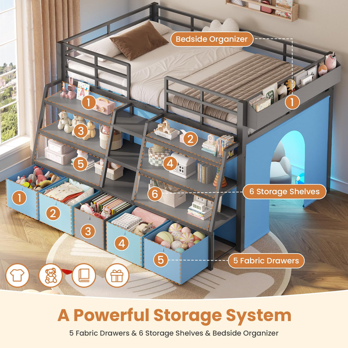 Twin Size Grey Low Loft Bed with 5 Drawers V31121