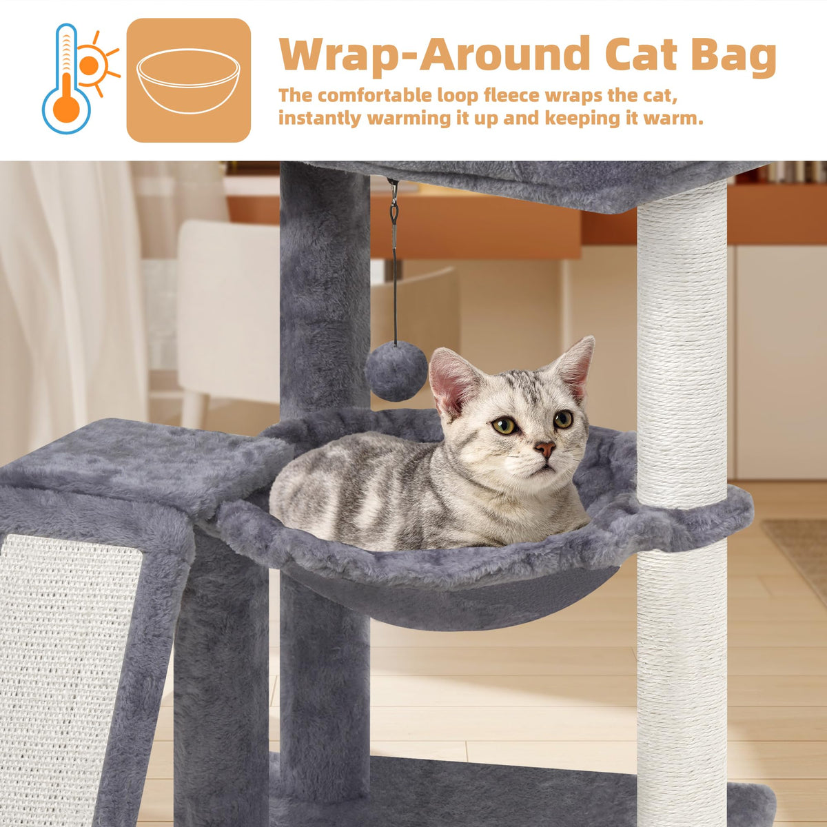 Cat Tree with Scratching Post and Hammock, Grey N655