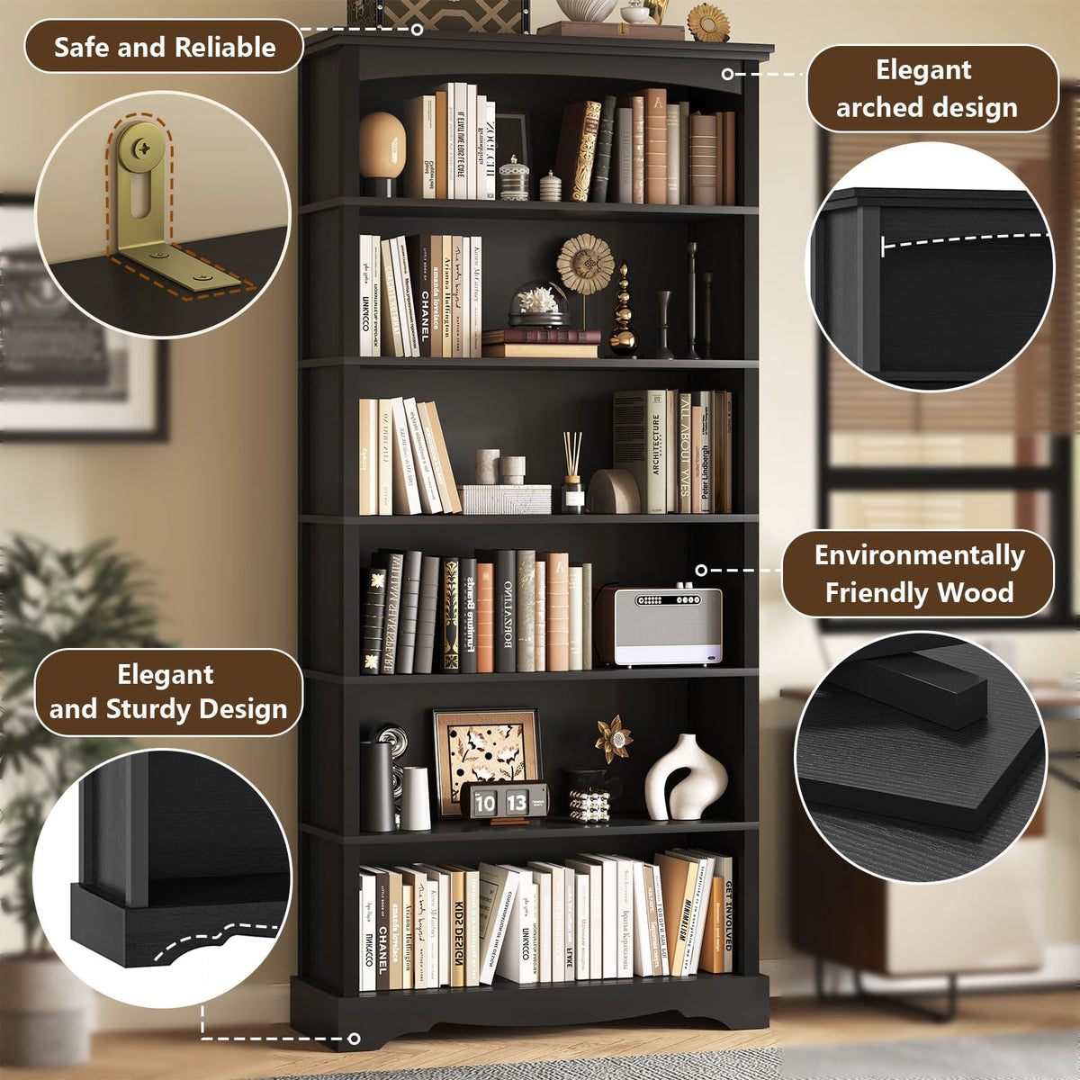 6-Tier 76 Inch Tall Black Wooden Bookshelf W819522