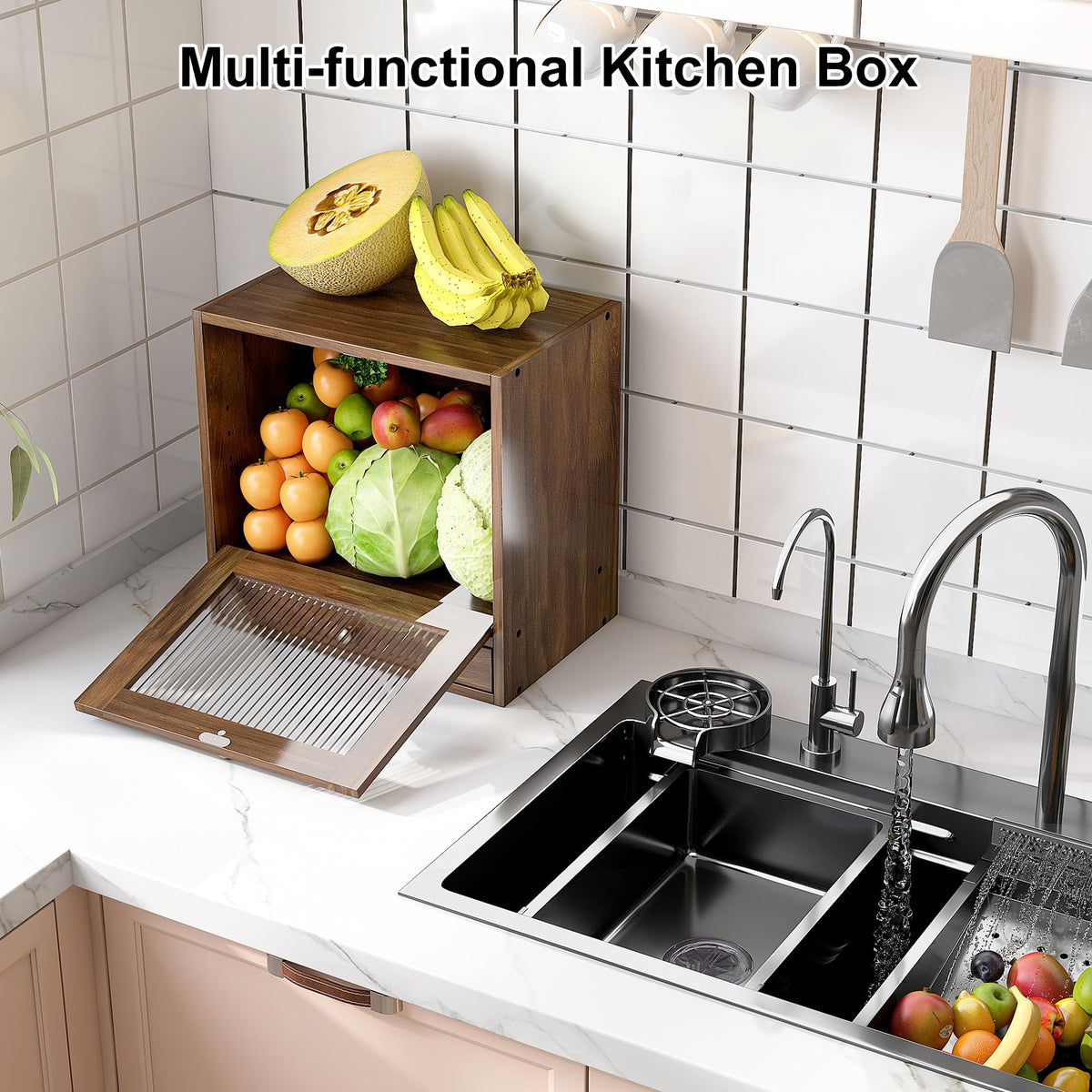 Wooden Bread Box with Drawer & Window U981507