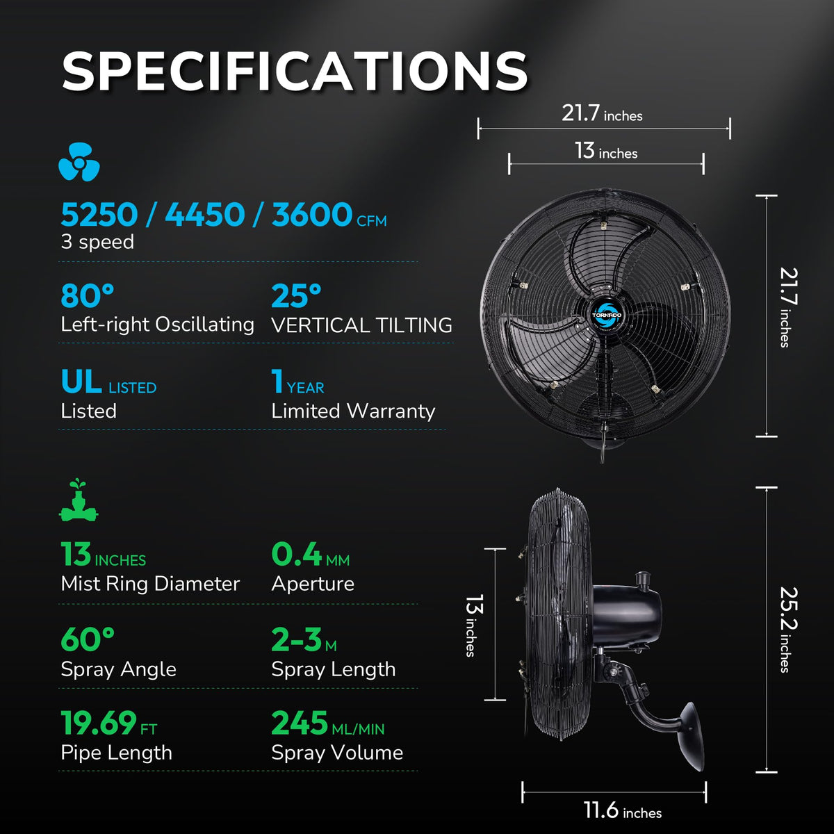 20 Inch Outdoor Wall Mount Fan with Misting Ring V309381