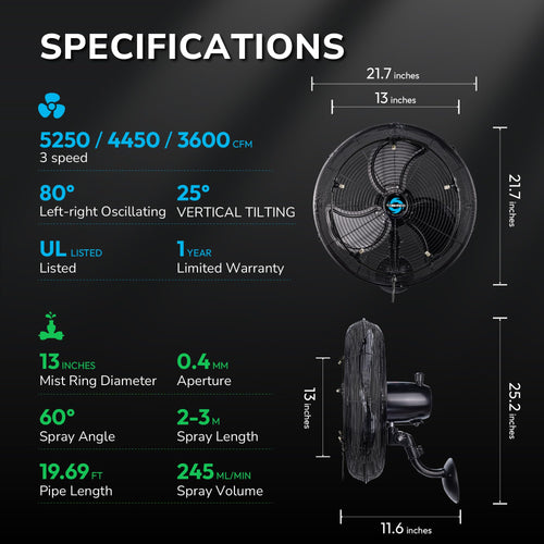 20 Inch Outdoor Wall Mount Fan with Misting Ring V309381