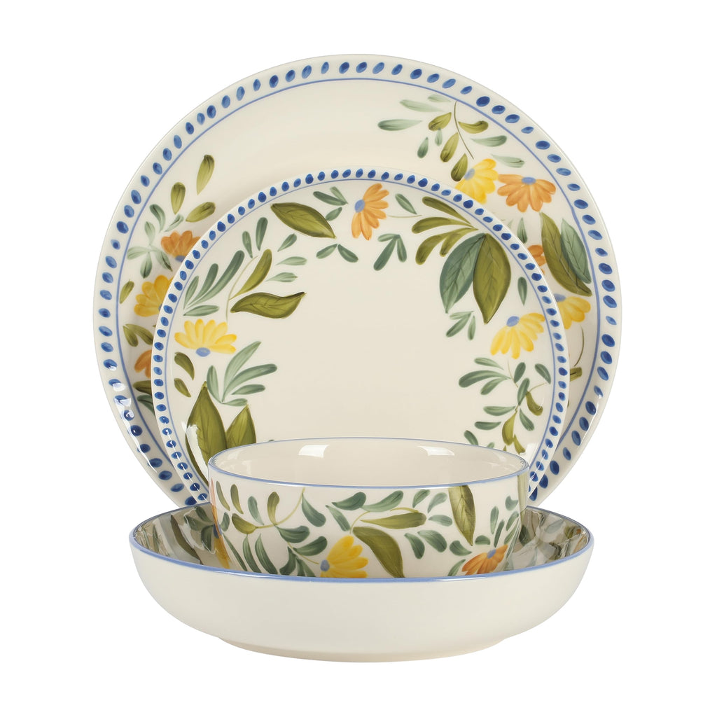 Hand Painted Stoneware Floral Dinnerware Set, Service for Four (16pcs) L340