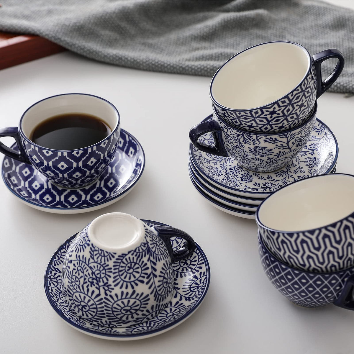Ceramic Dinnerware Sets 12 Piece + 8 OZ Cappuccino Cup Set with Saucers K32844