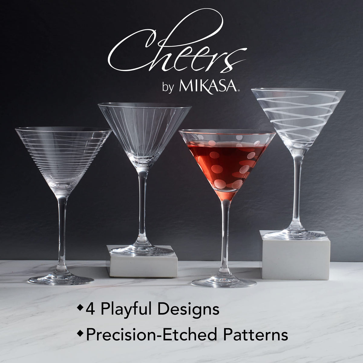 10-Ounce Etched Clear Glass Martini Glasses Set of 4 M33082
