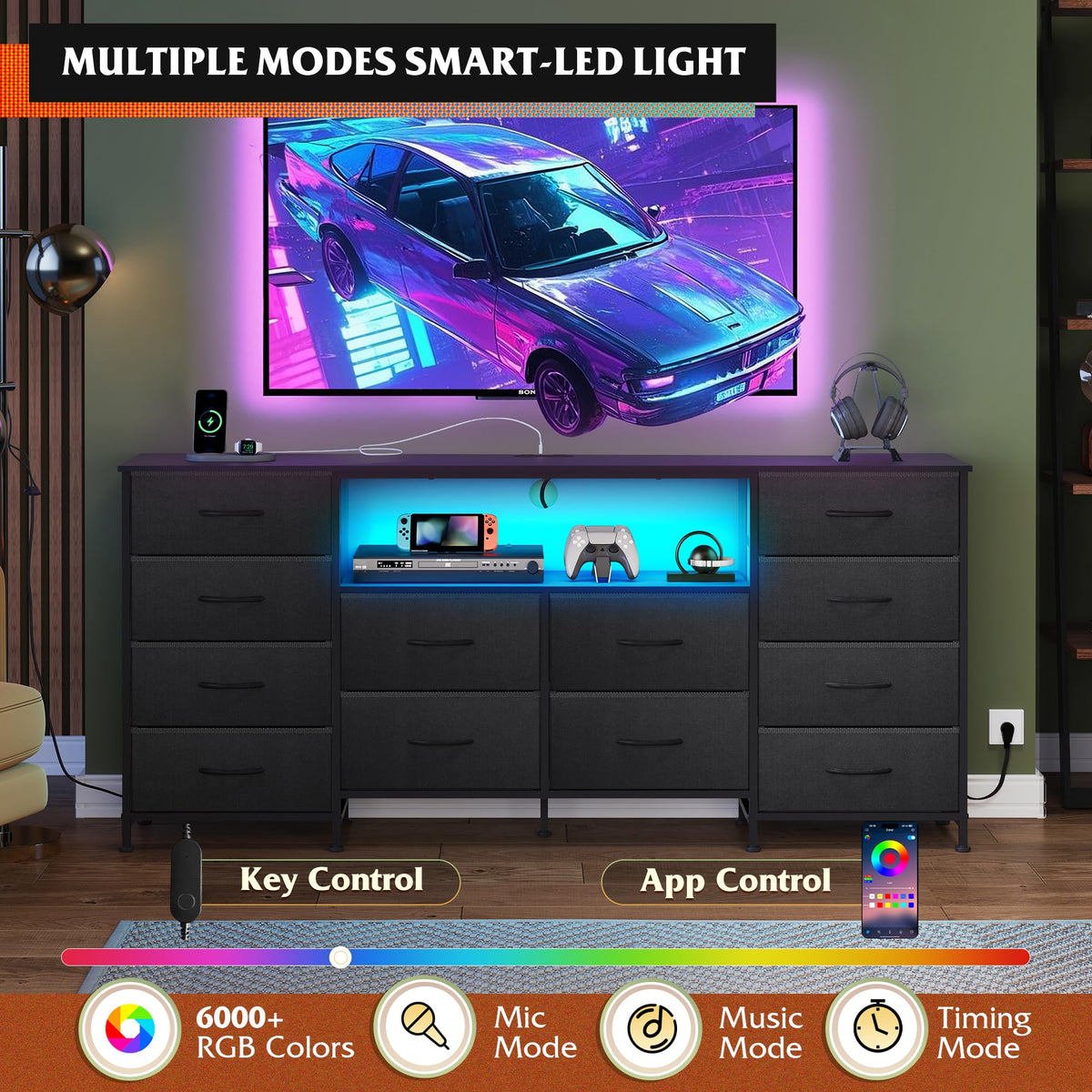 Black 12 Drawer LED Dresser TV Stand C376805