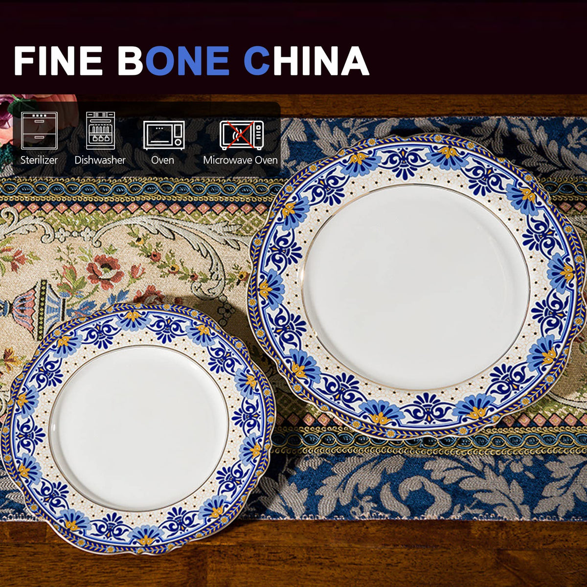 Tea Coffee Cup and Saucer Set, Bone China Dinnerware Set for 4, Blue and White W55263