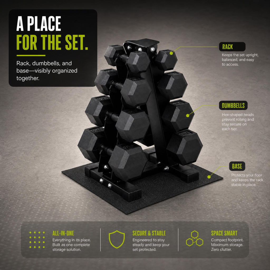 Rubber Coated Hex Dumbbell Weight Set with Rack G66159