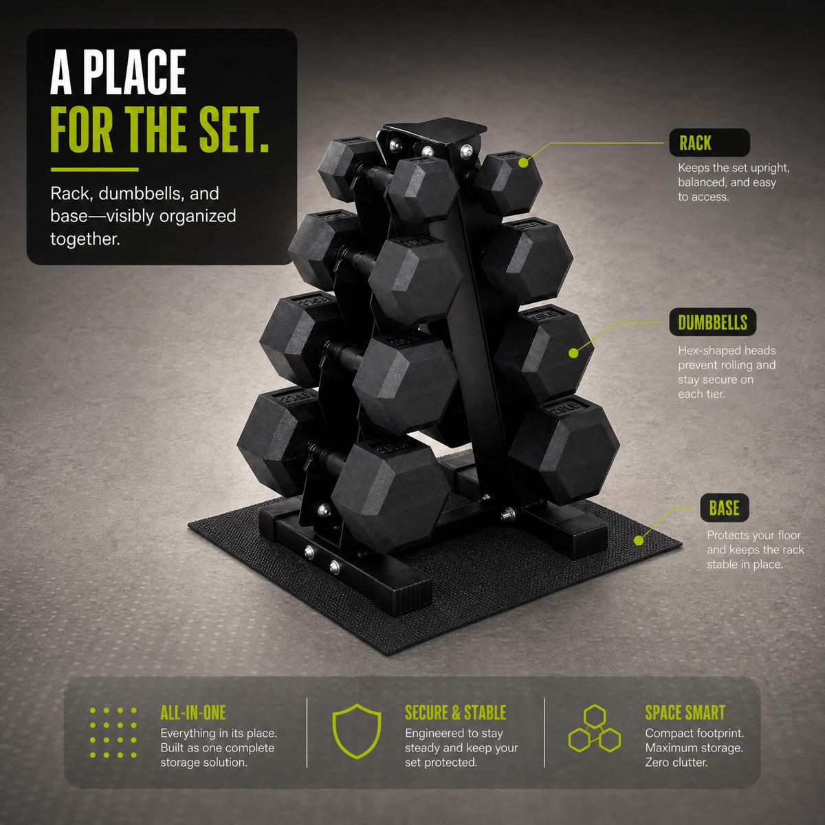 Rubber Coated Hex Dumbbell Weight Set with Rack G66159