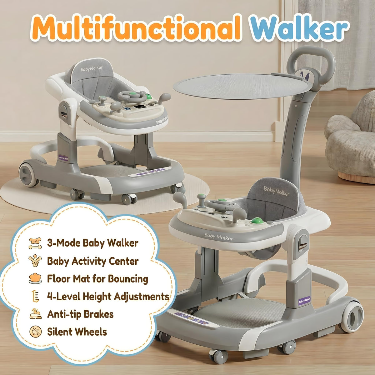 Foldable Baby Walker with Wheels and Bouncing Foot Mat Z99924