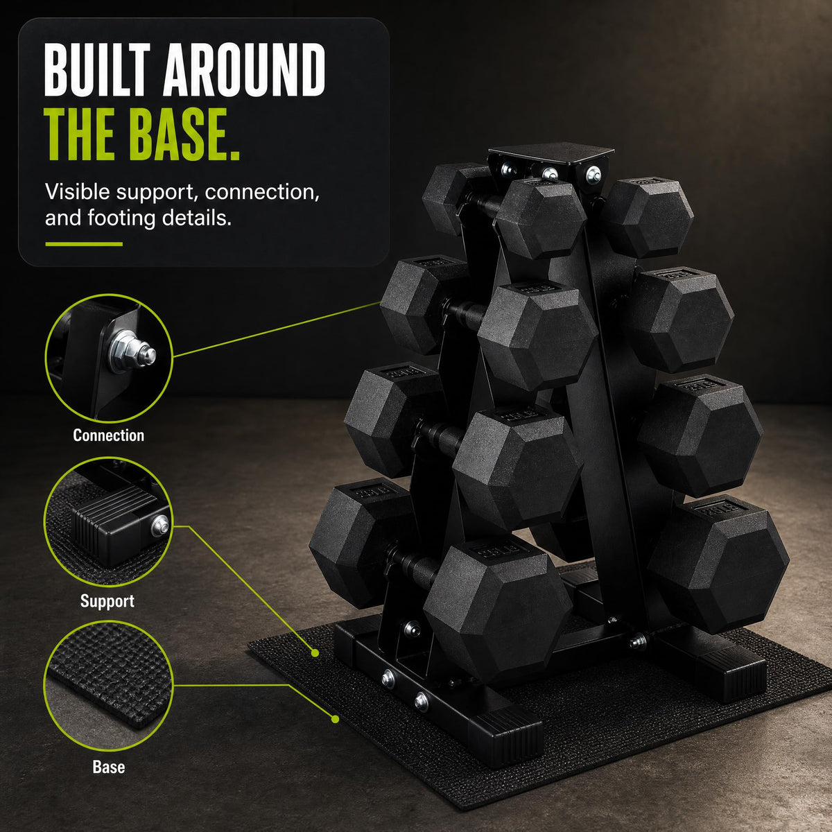 Rubber Coated Hex Dumbbell Weight Set with Rack G66159