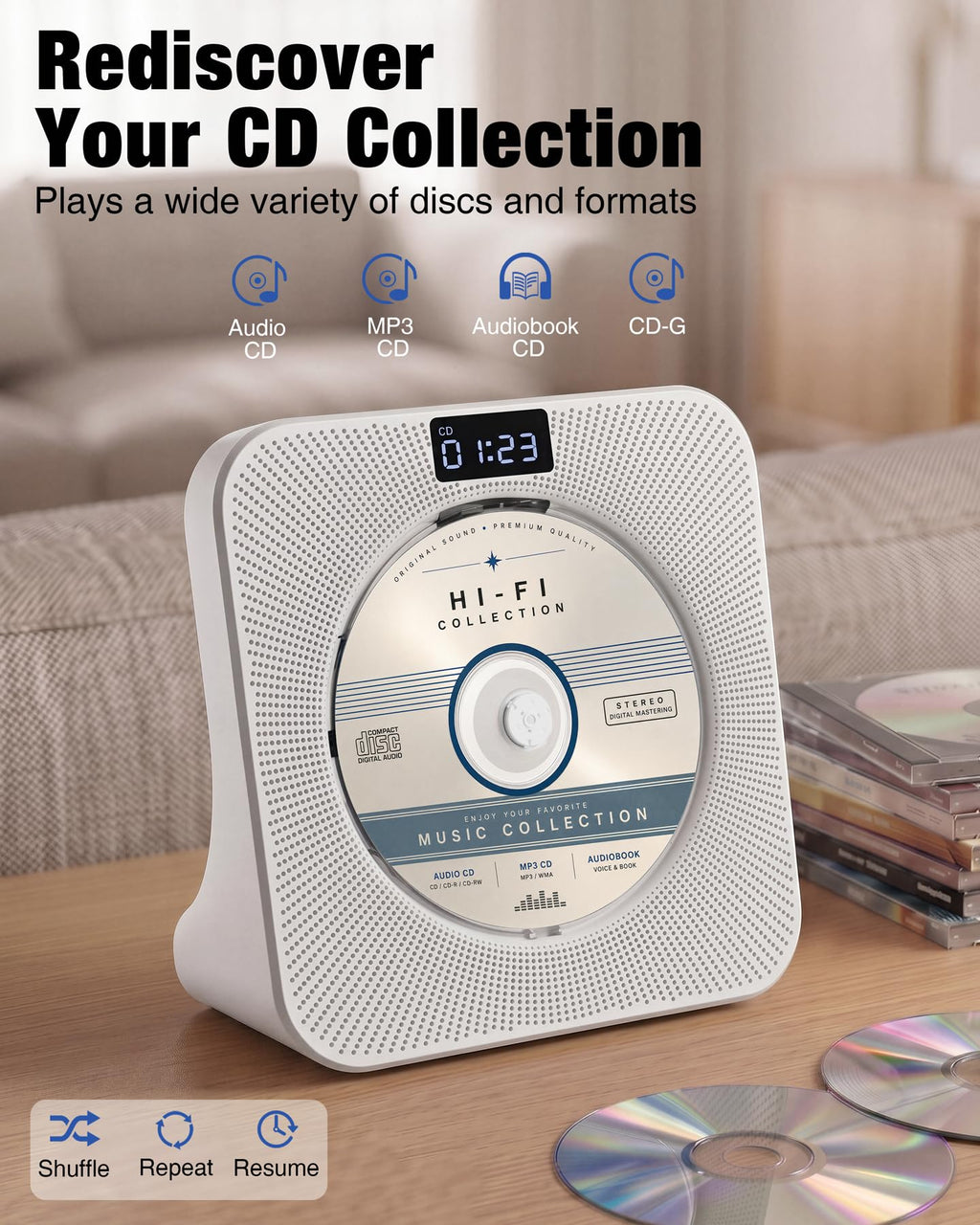 Portable CD Player with Bluetooth FM Radio USB White B87775