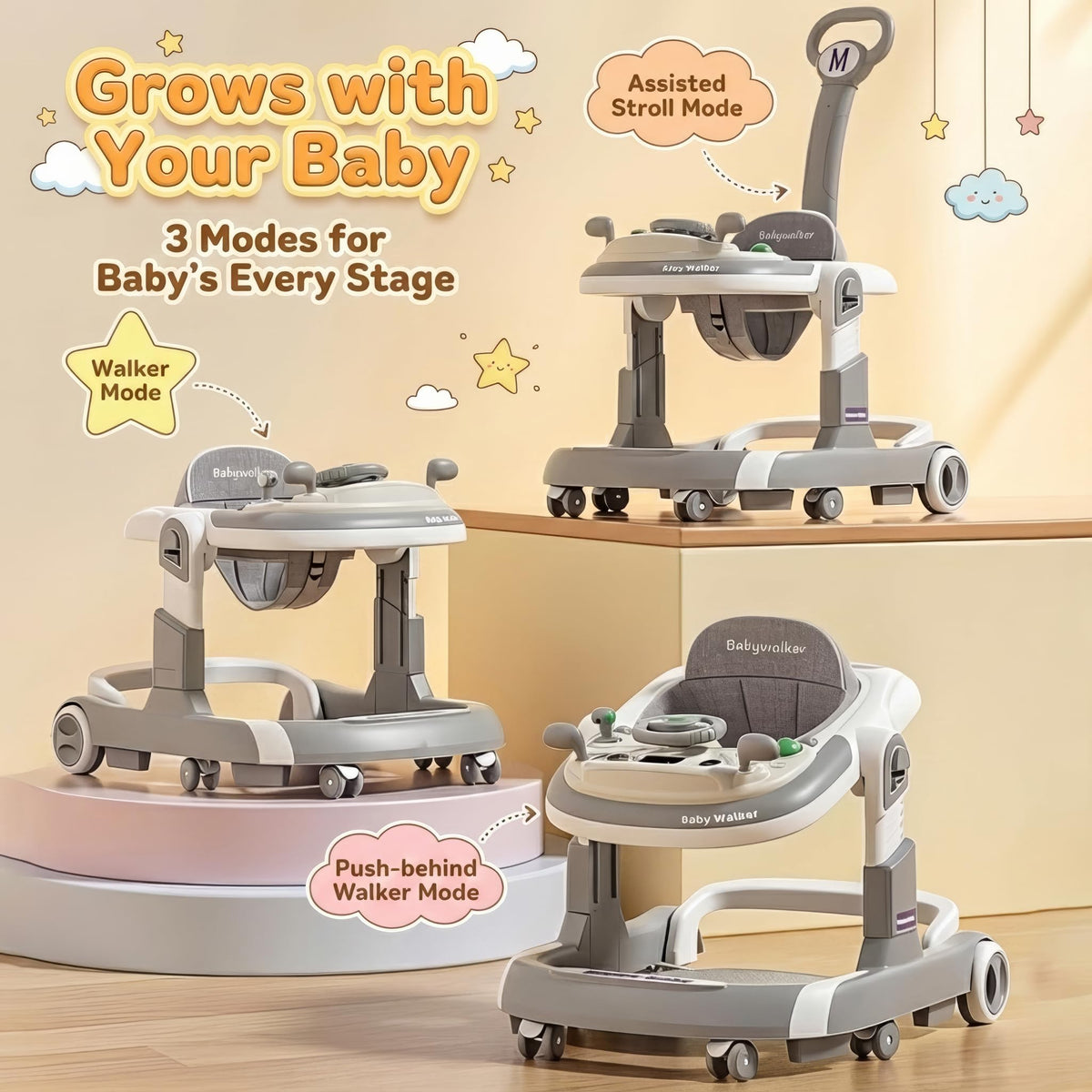 Foldable Baby Walker with Wheels and Bouncing Foot Mat Z99924