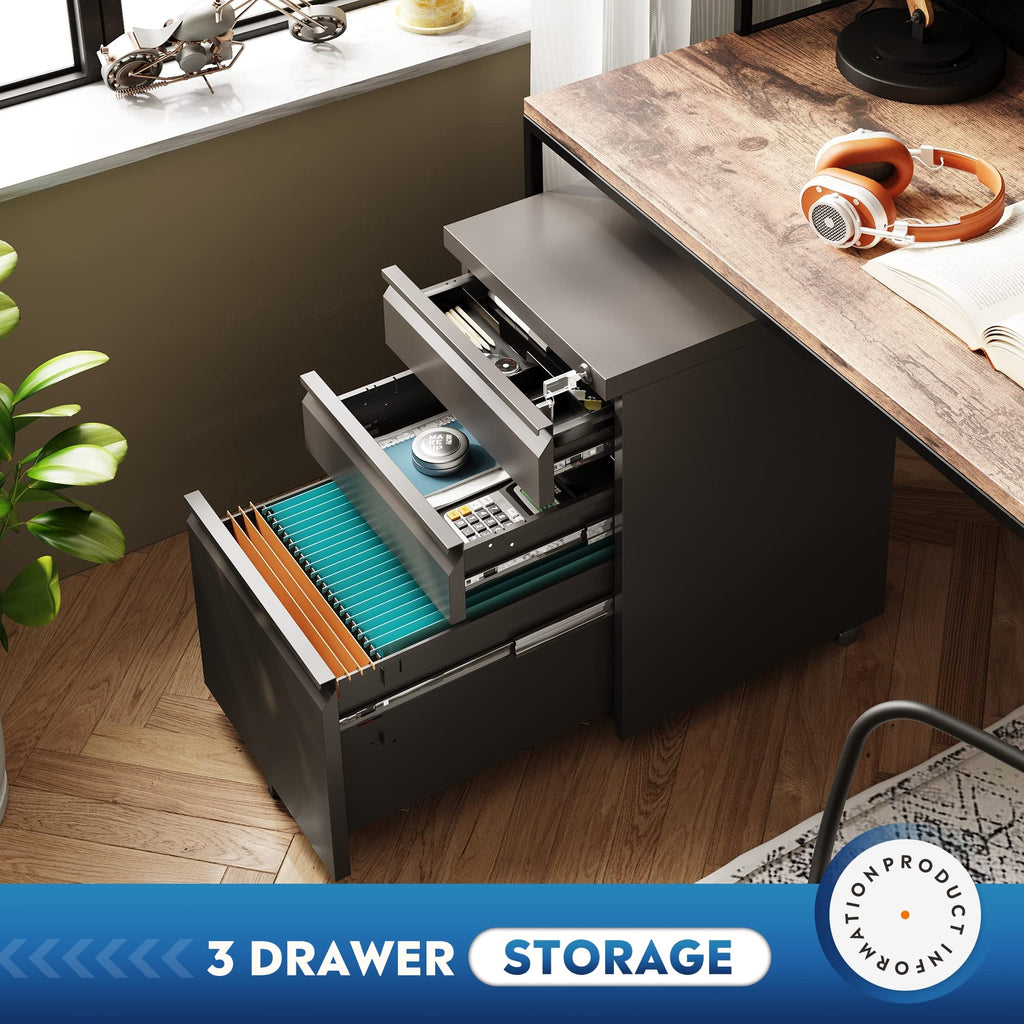 3 Drawer Mobile File Cabinet with Lock, Black G17219