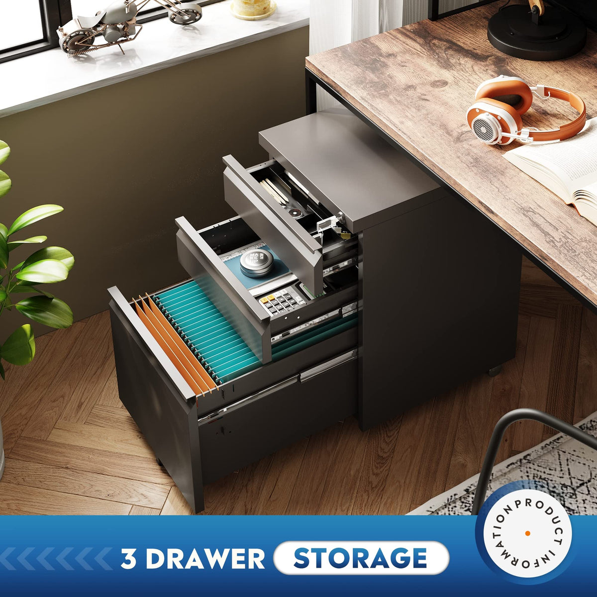 3 Drawer Mobile File Cabinet with Lock, Black G17219