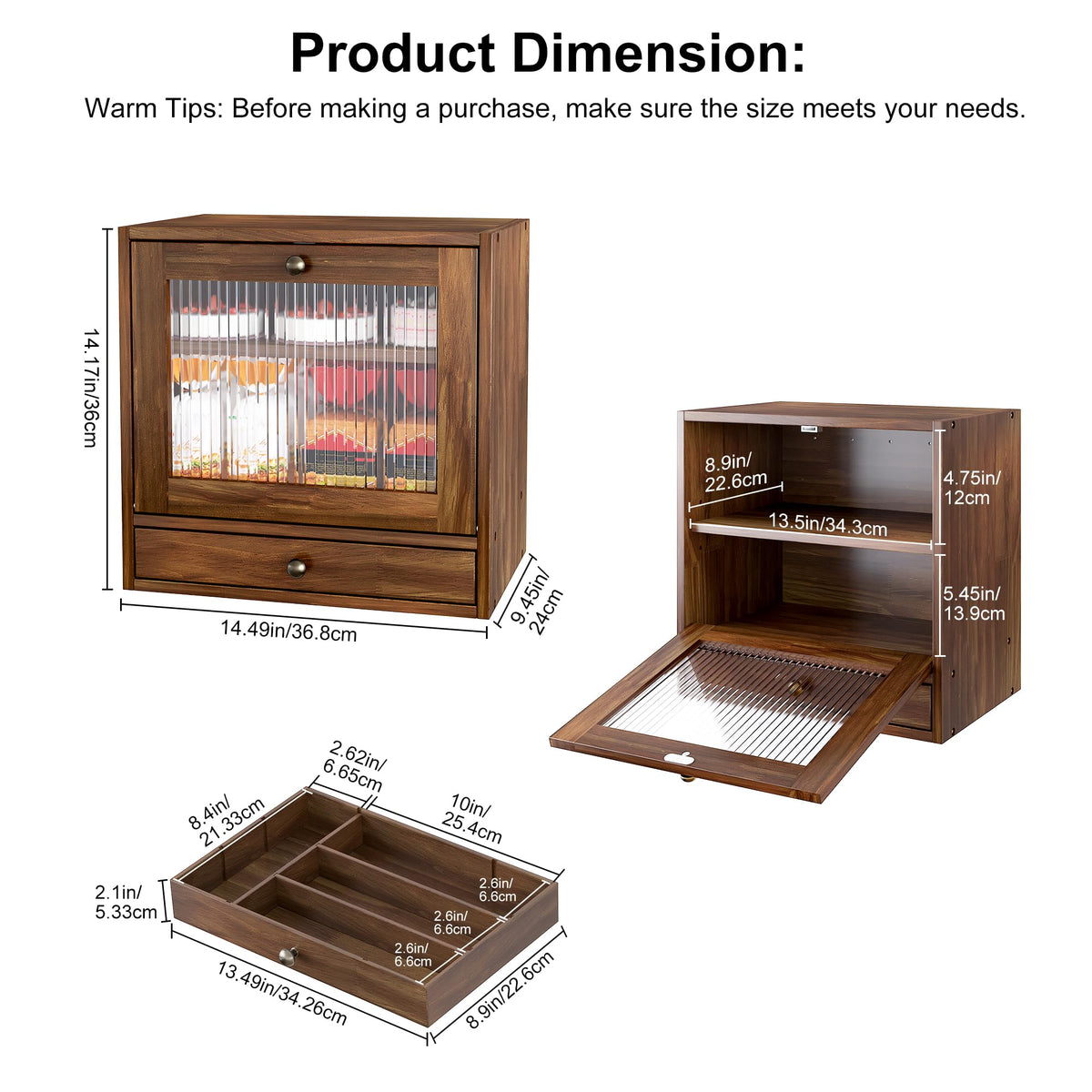 Wooden Bread Box with Drawer & Window U981507