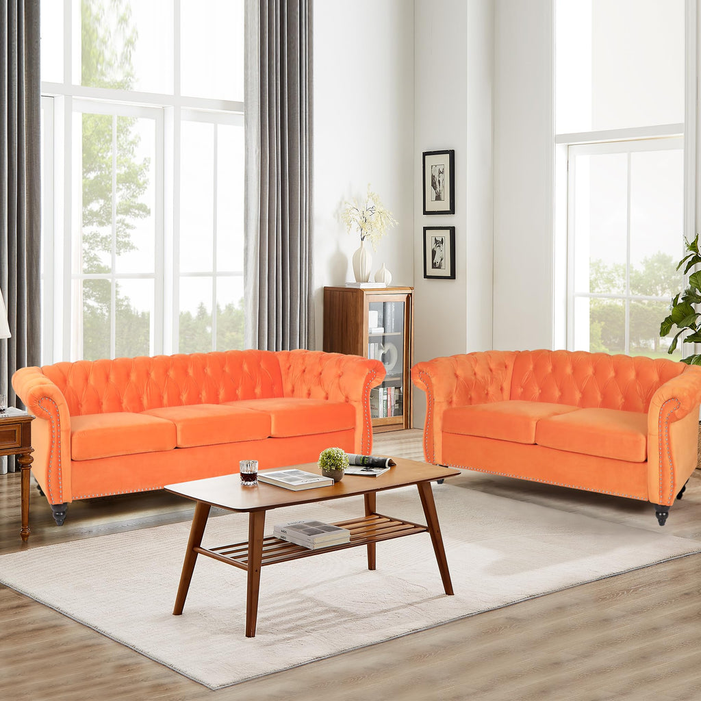 Orange Velvet Tufted Sofa Set G15766
