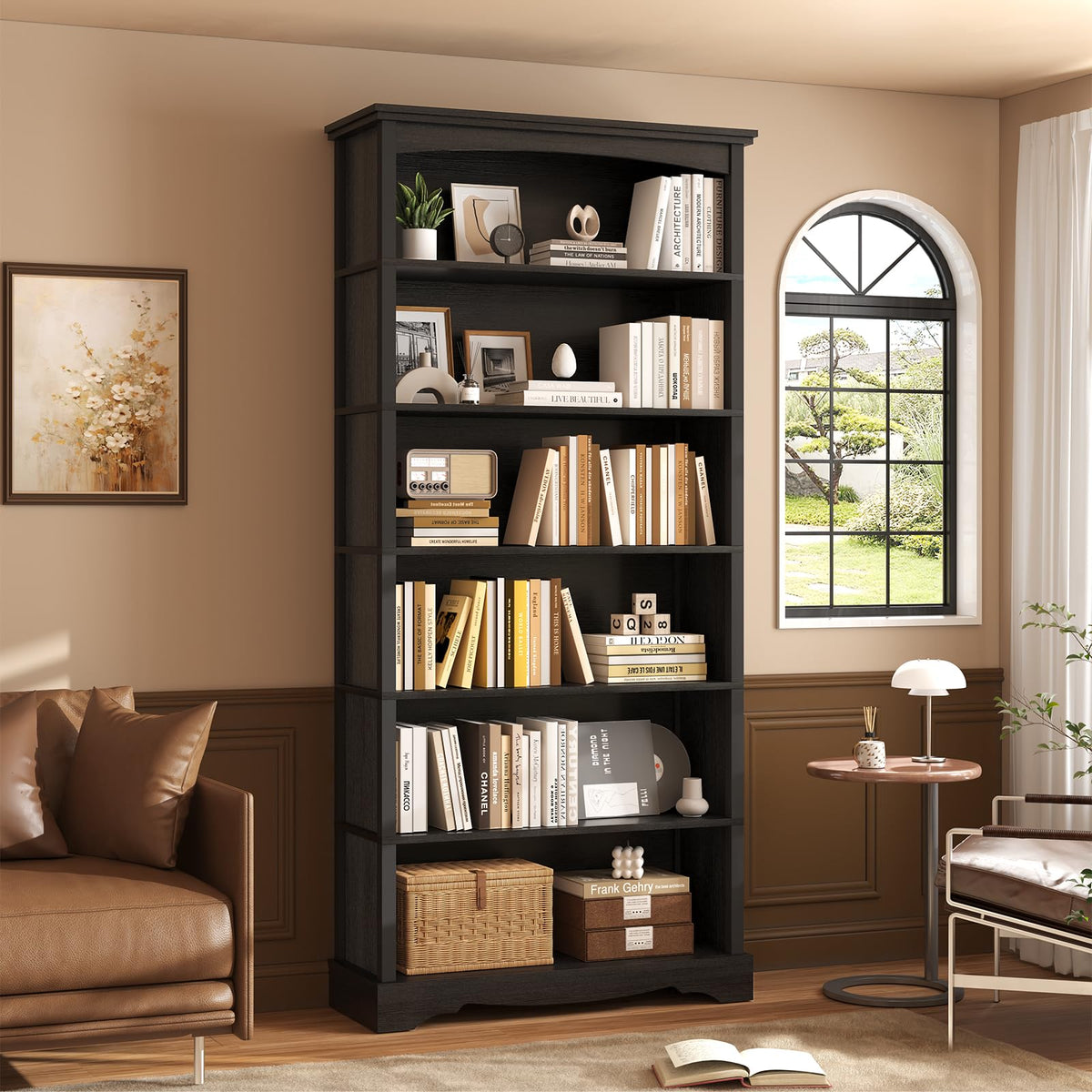 6-Tier 76 Inch Tall Black Wooden Bookshelf W819522