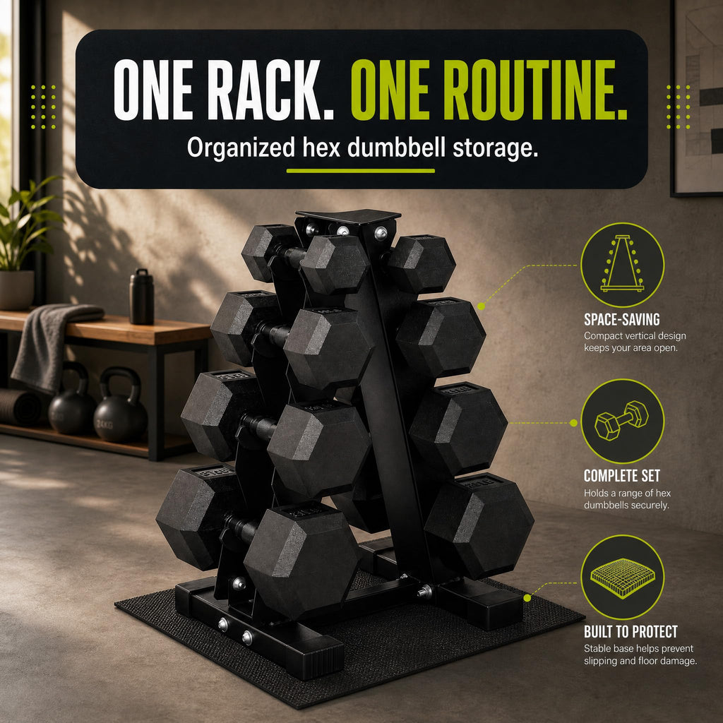 Rubber Coated Hex Dumbbell Weight Set with Rack G66159