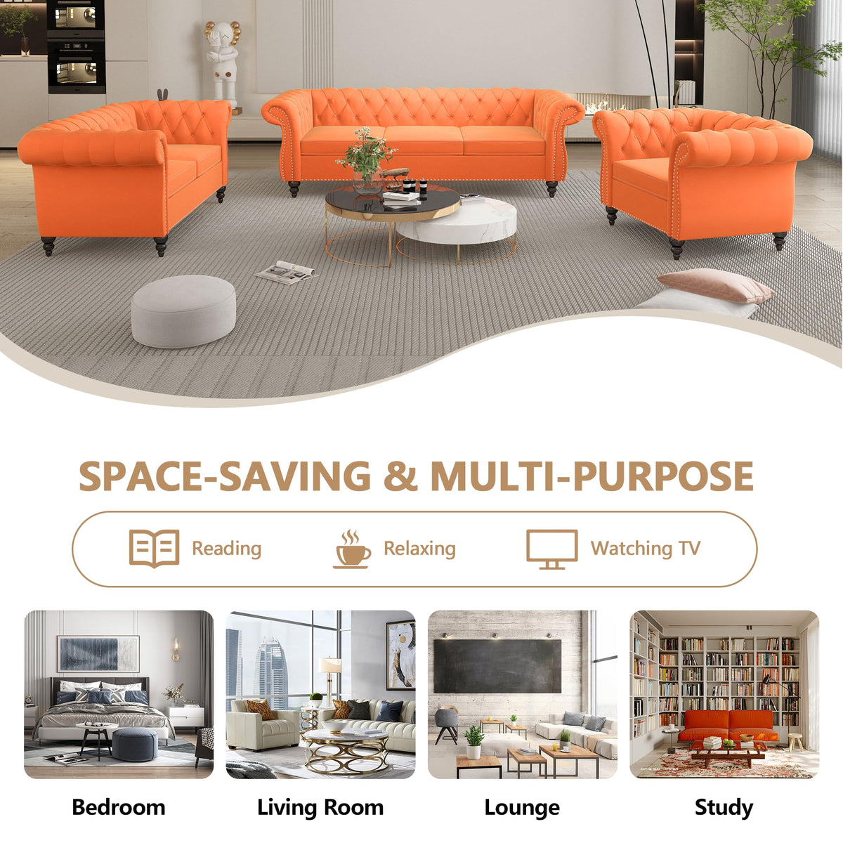 Orange Velvet Tufted Sofa Set G15766