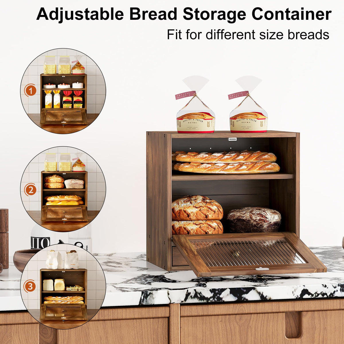 Wooden Bread Box with Drawer & Window U981507