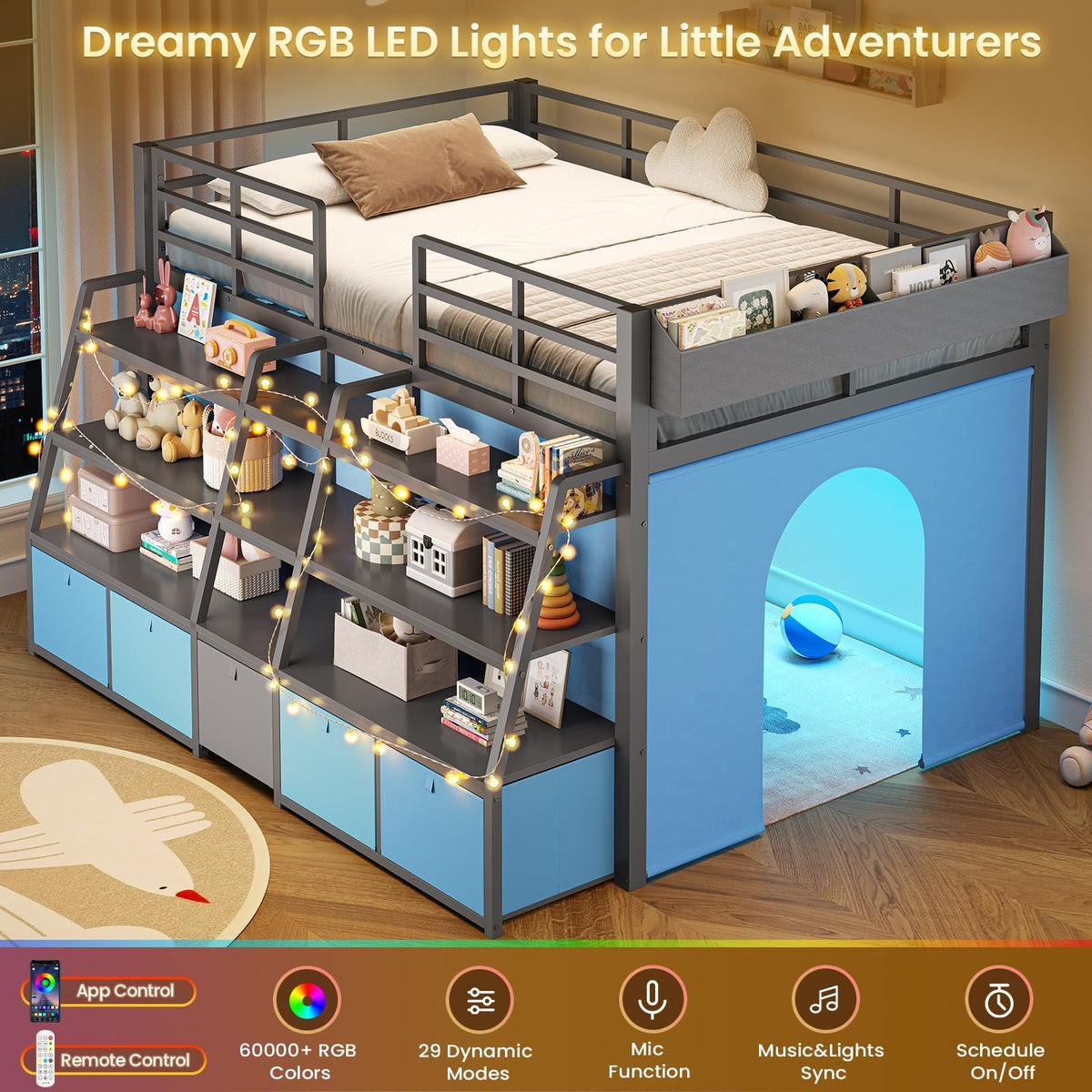 Twin Size Grey Low Loft Bed with 5 Drawers V31121