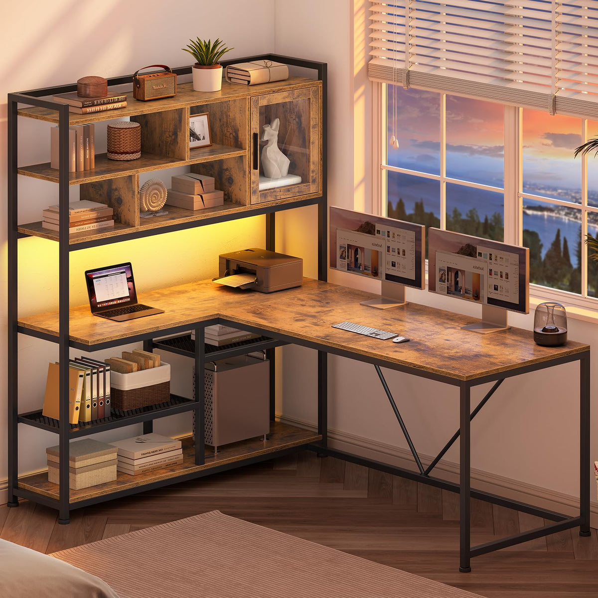 L Shaped Computer Desk with Storage Shelves O650