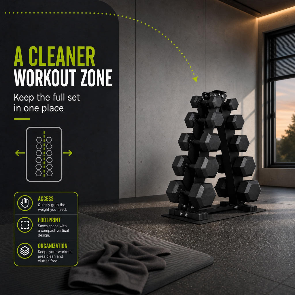 Rubber Coated Hex Dumbbell Weight Set with Rack G66159