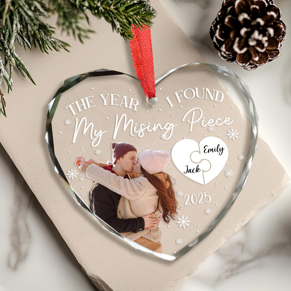 Personalized Couple Heart Glass Ornament L6693