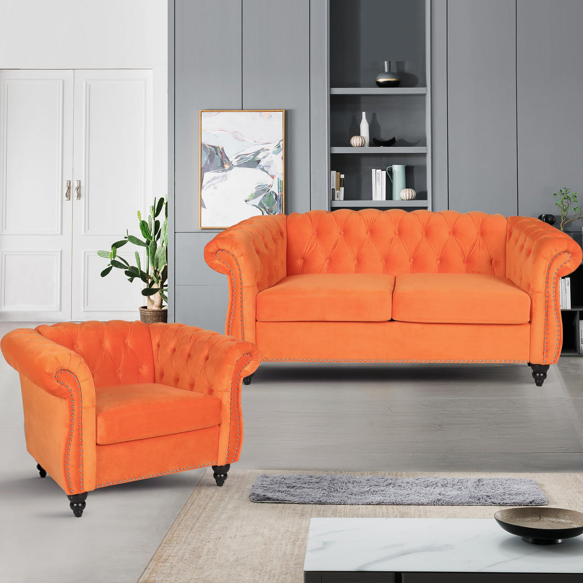 Orange Velvet Tufted Sofa Set G15766