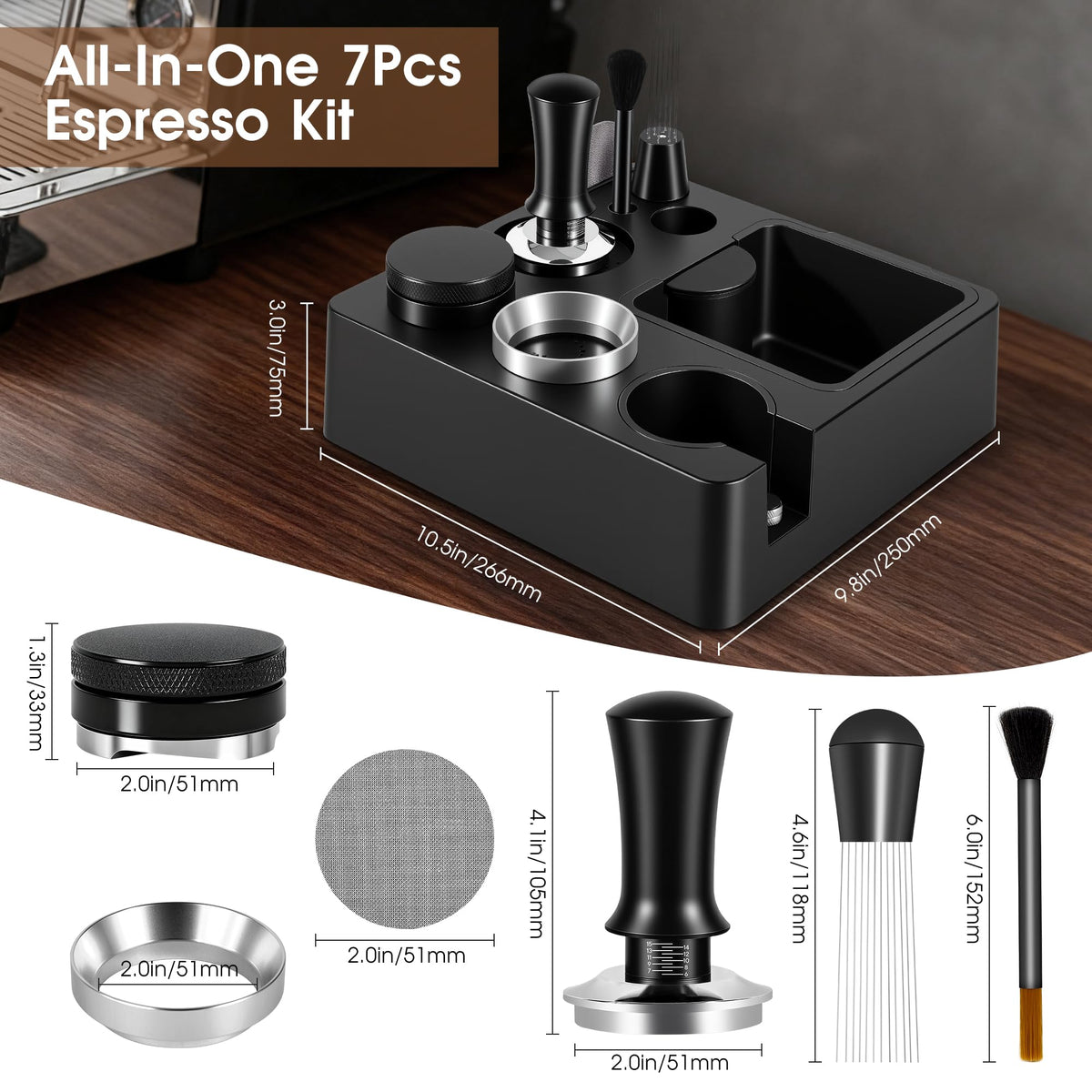 51mm Espresso Accessories Kit, Tamping Station, Knock Box, Tamper P761