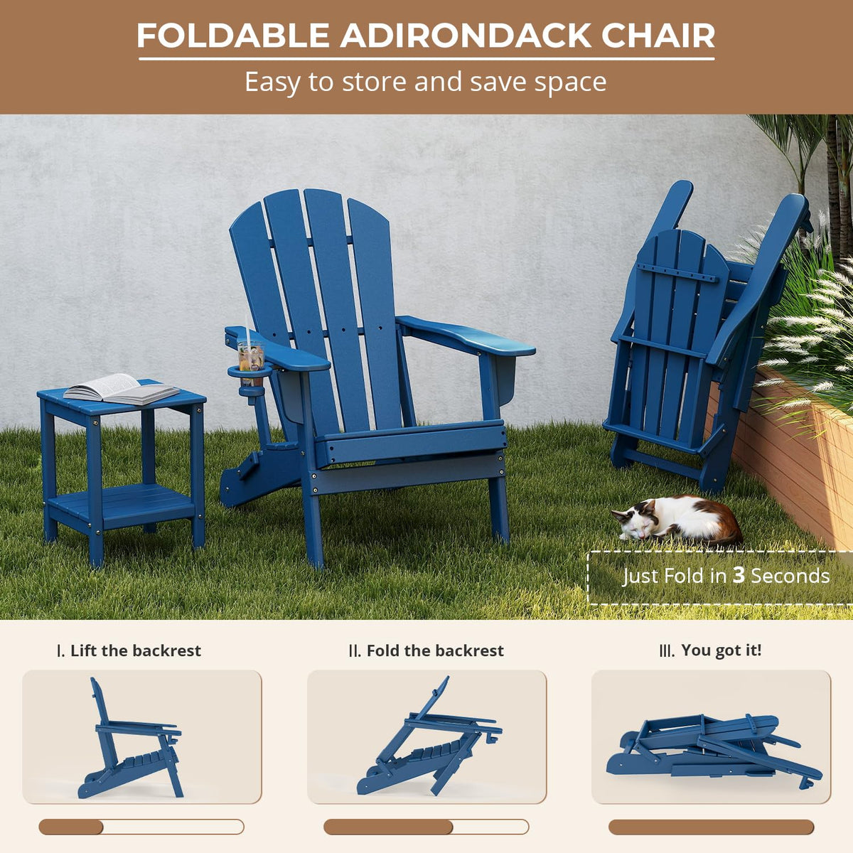 Folding Adirondack Chairs Set of 4 Blue HDPE Plastic P9014