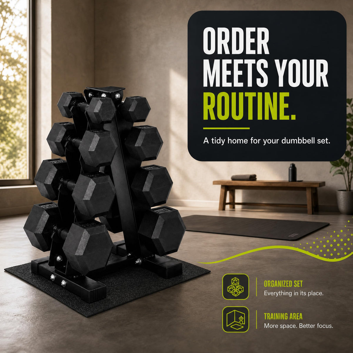 Rubber Coated Hex Dumbbell Weight Set with Rack G66159